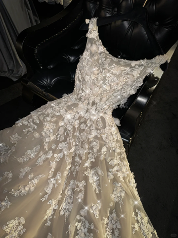 Shiny A Line V Neck White Appliques Tulle Long Party Dress Evening Dress HZ1023
